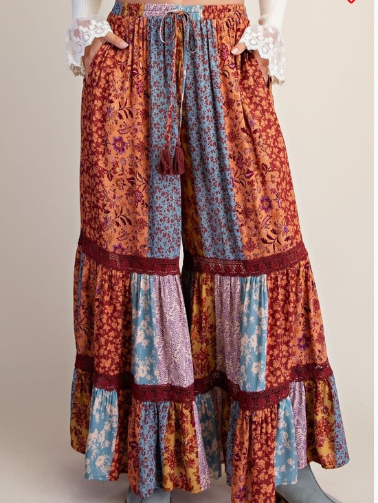Easel Los Angeles Pants - P117 Easel Rust Patchwork Print Crochet Trim Ruffle Wide Leg Boho Palazzo
